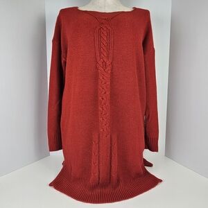 ZARA Knit Red Sweater Dress Tunic Medium V-Neck Cable Knit Zip Hem Long Sleeve